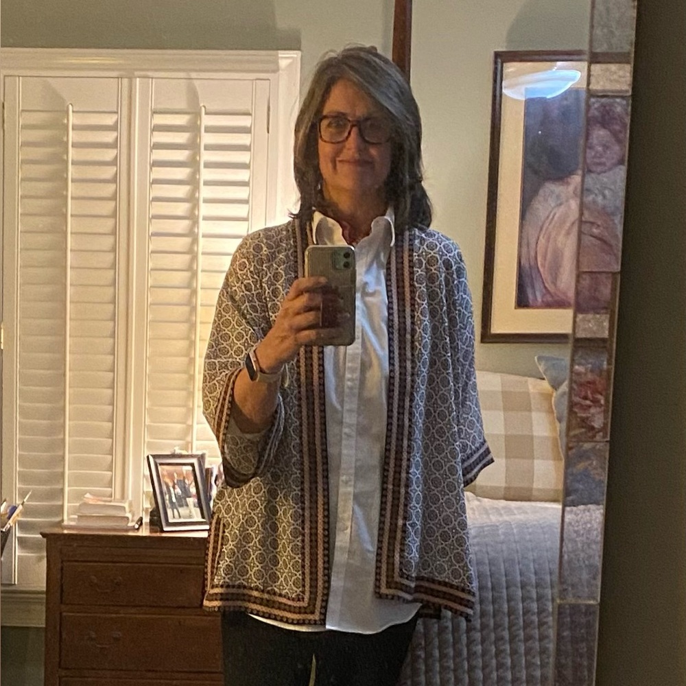 Max Studio Geometric Patterned Poncho - Blue and Brown